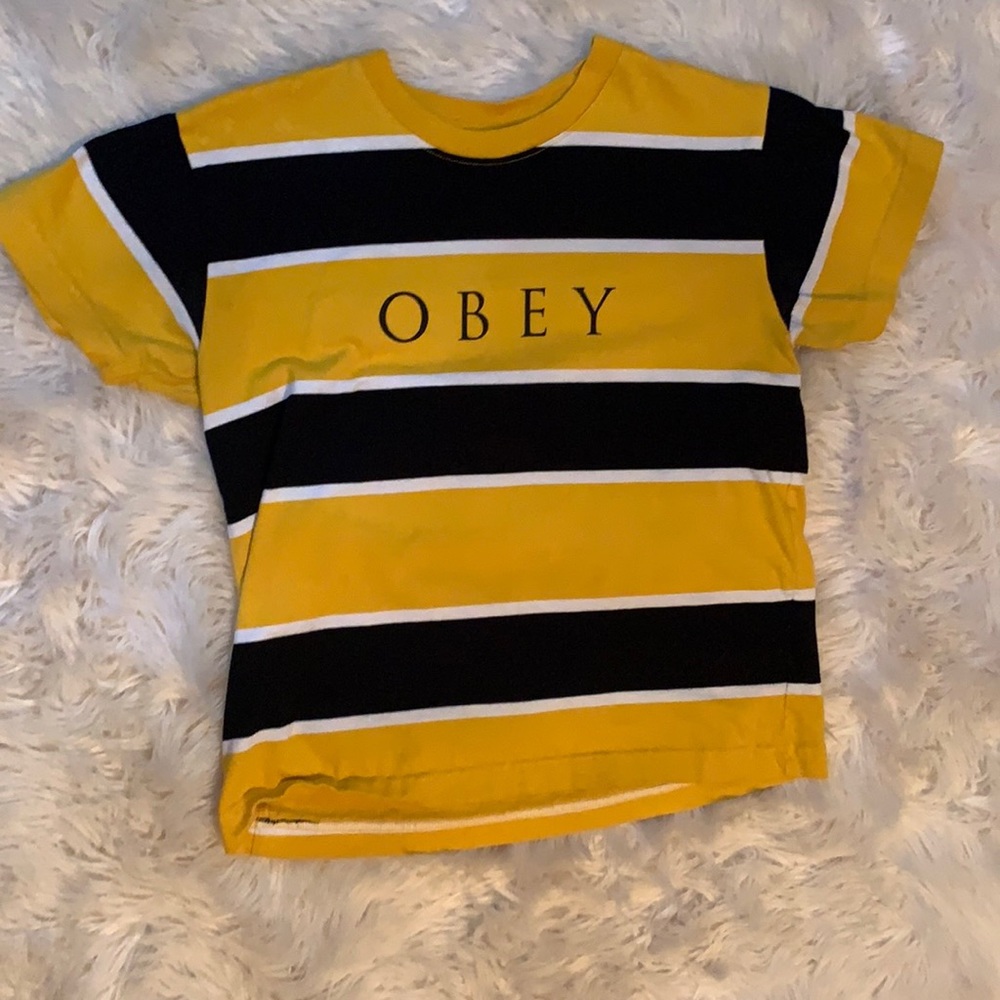 yellow black stripped obey short sleeve shirt